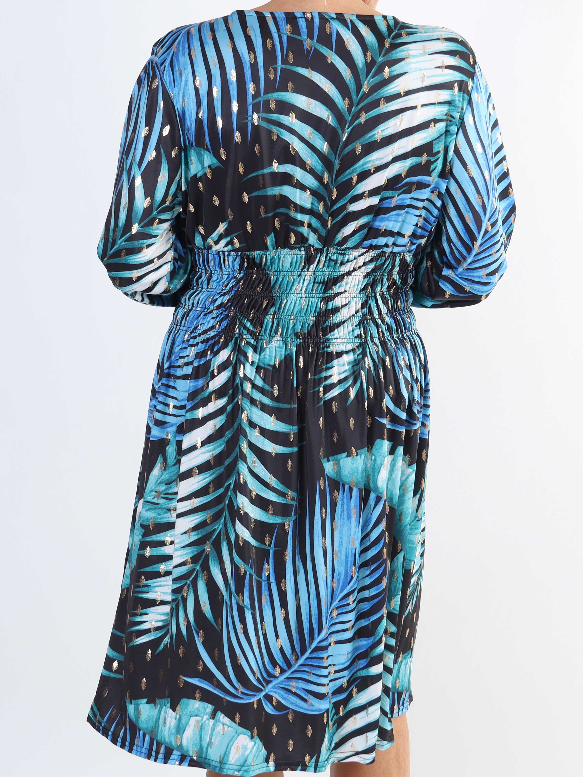 Pams Leaf Short L/S - Elastisk mönstrad klänning i skrynkelfritt tyg för stora storlekar